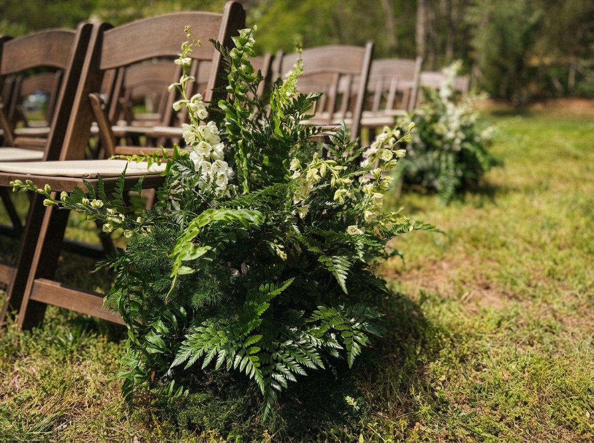 Green foliage and white flowers arranged along the ground in front of wooden chairs outdoors.