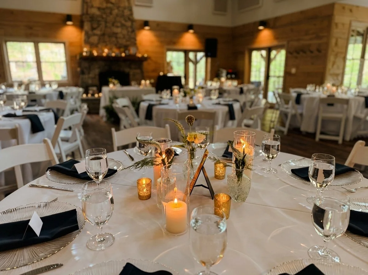 A round banquet table decorated with candles, flowers, and table settings in a rustic wooden hall looks ready for a formal event.