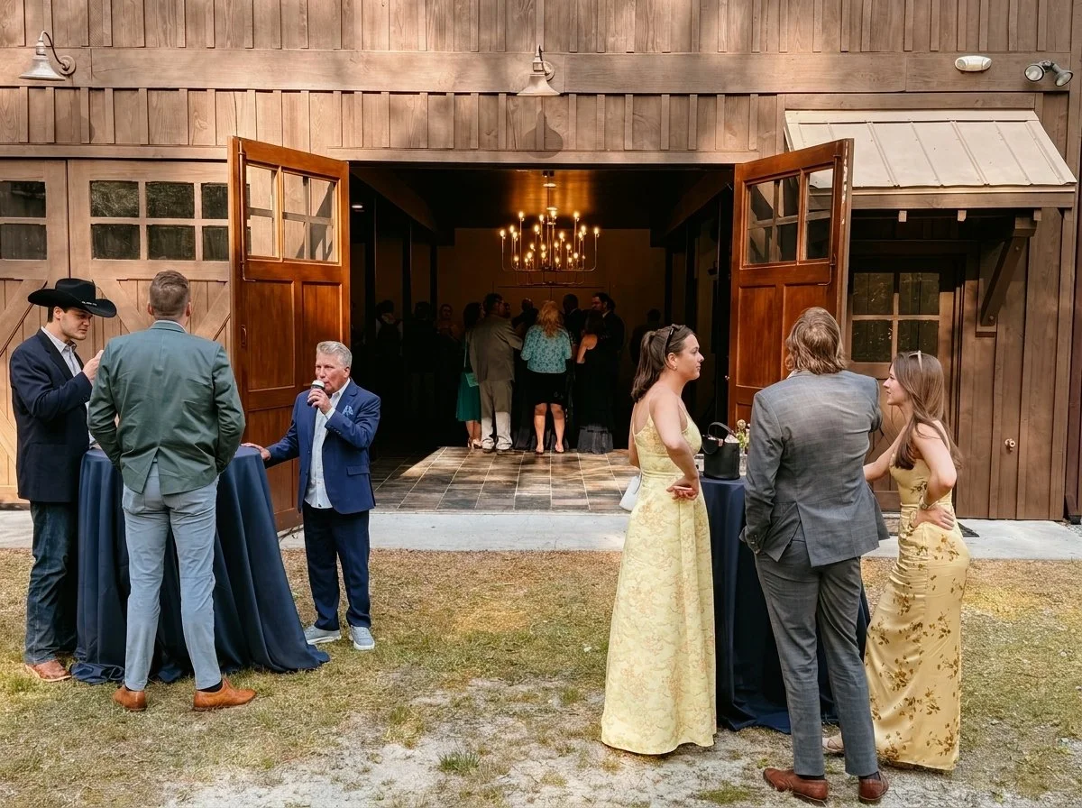 People socializing outside a barn-style venue with wooden walls and open double doors. Several groups are chatting, with some holding drinks. Inside, a chandelier hangs from the ceiling, illuminated and casting a warm glow.
