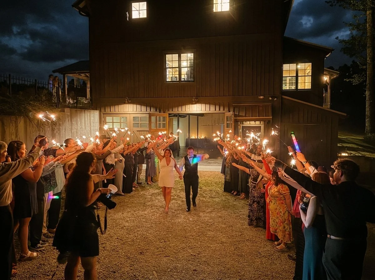 A bride and groom walking hand in hand at their wedding reception outside at night, surrounded by guests holding sparklers to celebrate.