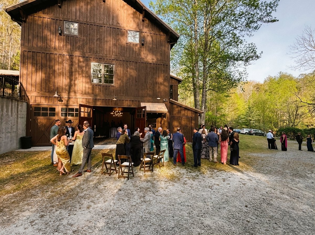 Guests gather outside a rustic wooden barn for a celebration.