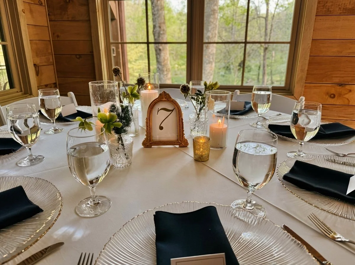 A round table set for a formal event with black napkins, clear glass charger plates, and water glasses. The centerpiece includes candles and small floral arrangements. A table number sign displays the number 7. The setting is in a room with wooden wa