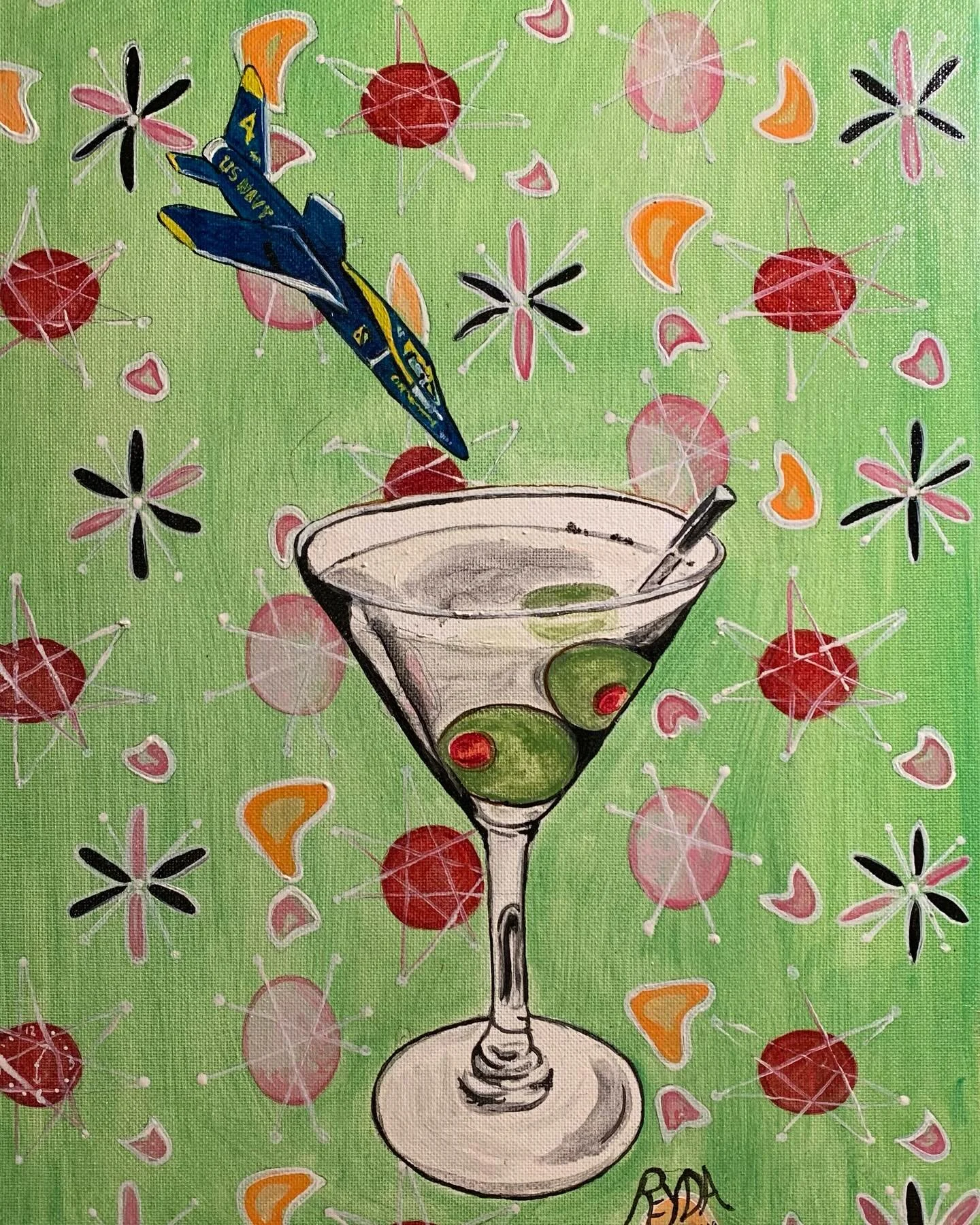 The Blue Angel # 3, Military Martini series, oil. 
#Navy #BlueAngels #precisionflying #jets #oilpainting #painter #Studio #blue #airplane #aeronauticalengineer #aeronautical #drinks #martini #olives #gin #vermouth