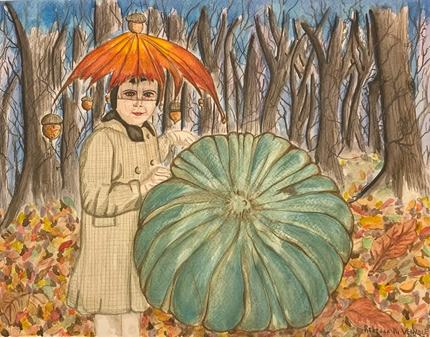 Big Blue And Acorn Girl, watercolor.
Autumn is here!
#acorn #acorngirl #traditionalart #southjerseyartist #watercolor #painter #illustration #illustrator #halloween  #pumpkin #gothart #gothgirl  #goth #bigblue #cinderellapumpkin #turningofthewheel #d