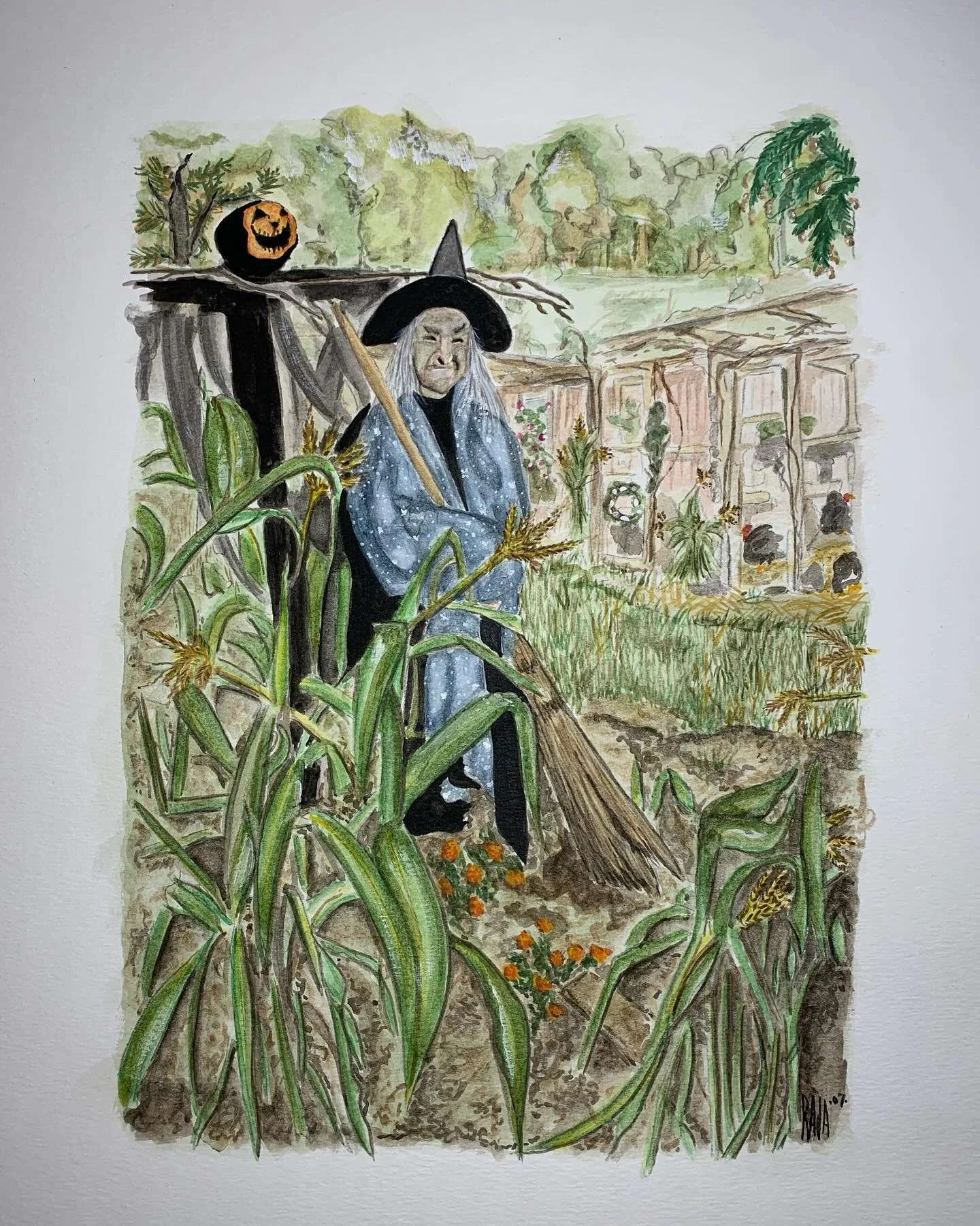 Decorating The Gardens, watercolor.
Cottage witch is out decorating the gardens as the turkeys and chickens watch.
#radareyda  #traditionalartist  #gardens #watercolor #Halloween #cottage #witch #jackolantern