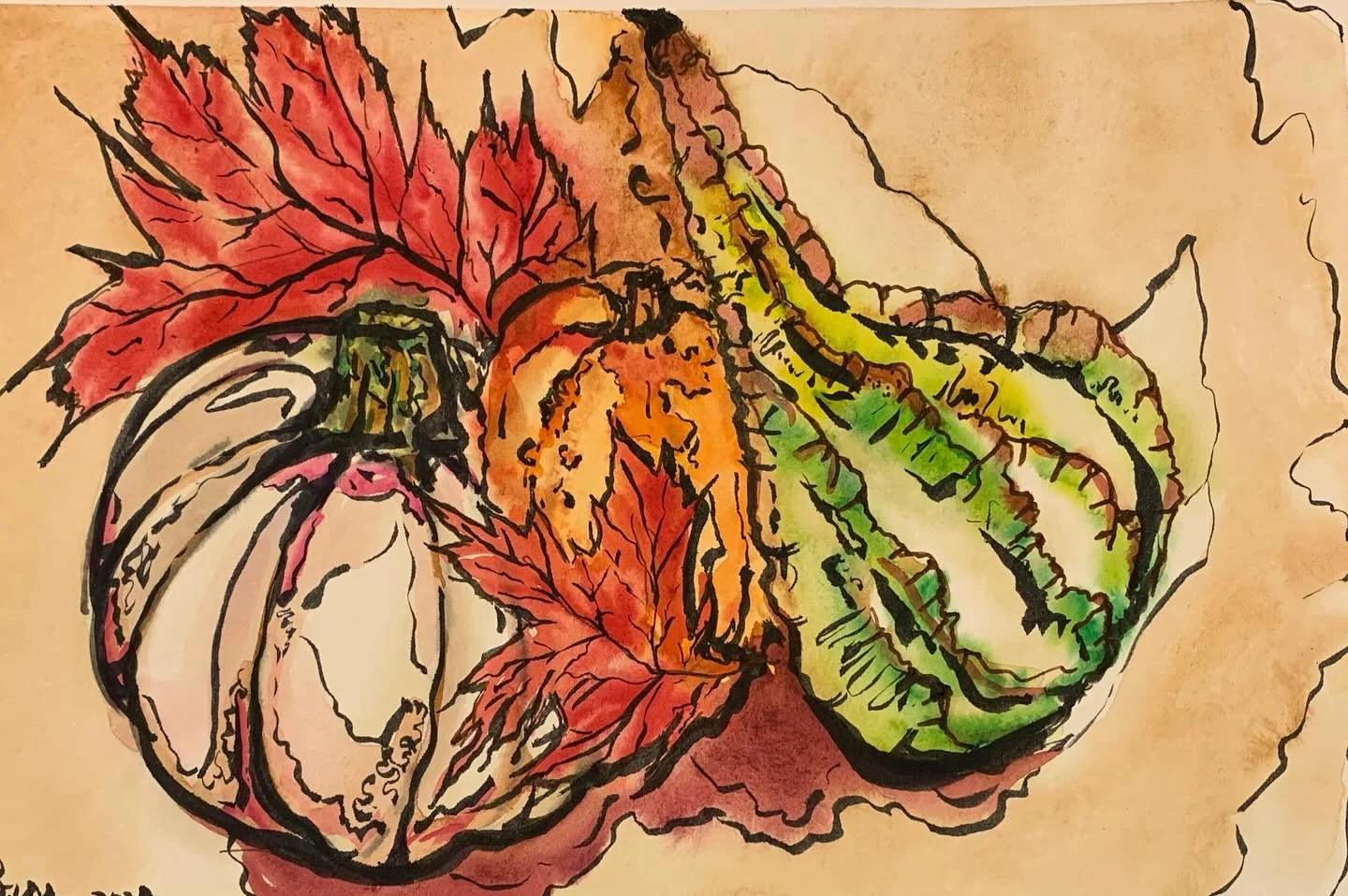 Gourds And Pumpkin.  Watercolor and ink.
#autumn #pumpkin #gourds #watercolor #ink #decorations #traditionalart #southjerseyartist #studio #Halloween