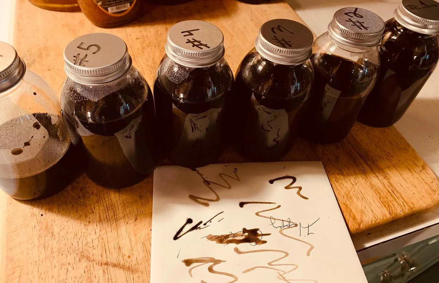 Black Walnut Ink; six shades.
You can easily make your own; it just takes time.
This batch only took me a week and a half; I stretch out the soaking days to make it darker.
#naturalink #ink  #blackwalnutink #blackwalnuts  #differentshades #free #from