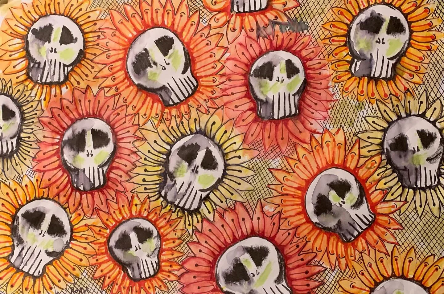 Halloween Mums, watercolor, ink, quick sketch.  #mums #Halloween #spookyart #skulls #traditionalart #watercolor #ink #quicksketch #gothart #illustration #southjerseyartist #radareyda