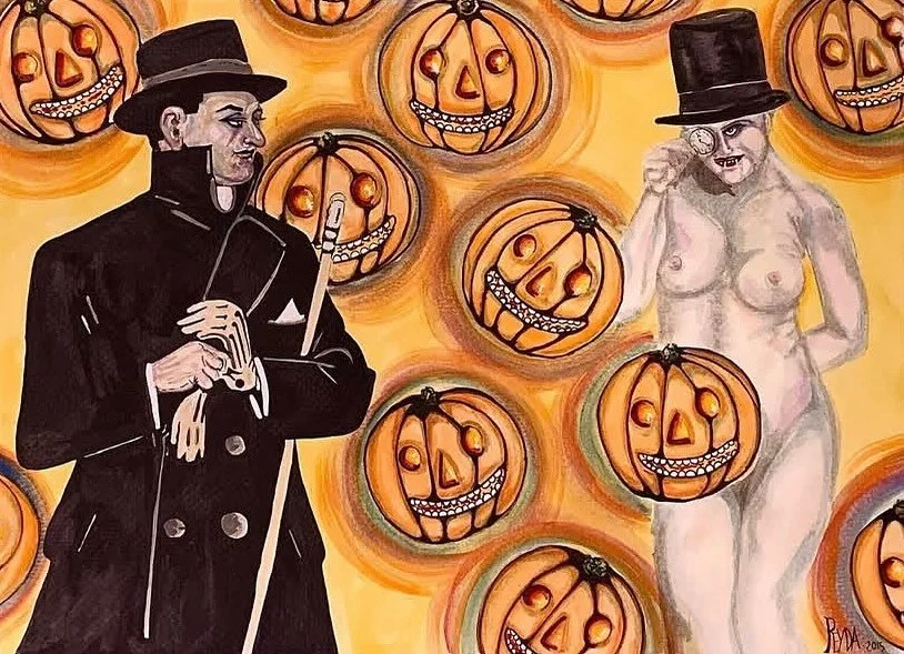 London’s Pumpkin Fog, watercolor.
#Halloween #fog #watercolor #vampire #Jackolanterns #tophat #bloodsucker #gothart #darkart #London #scaryart #spookyart #fantasyart #illustrationartist #painting #studio #southjerseyartist #Philly #painter