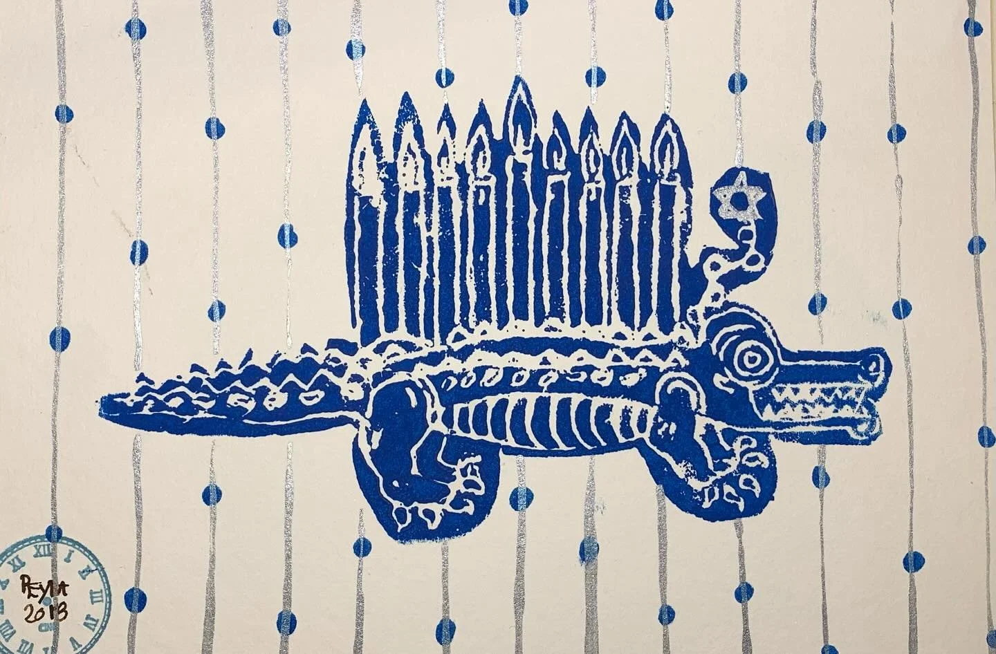 Celebrating Hanukkah; styrofoam print.