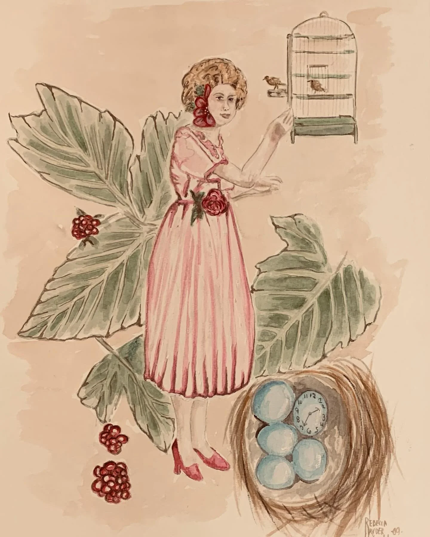 Thoughts Of Spring, watercolor.
#Spring #traditionalart #watercolor #birdsnest #eggs #time #nest #berries