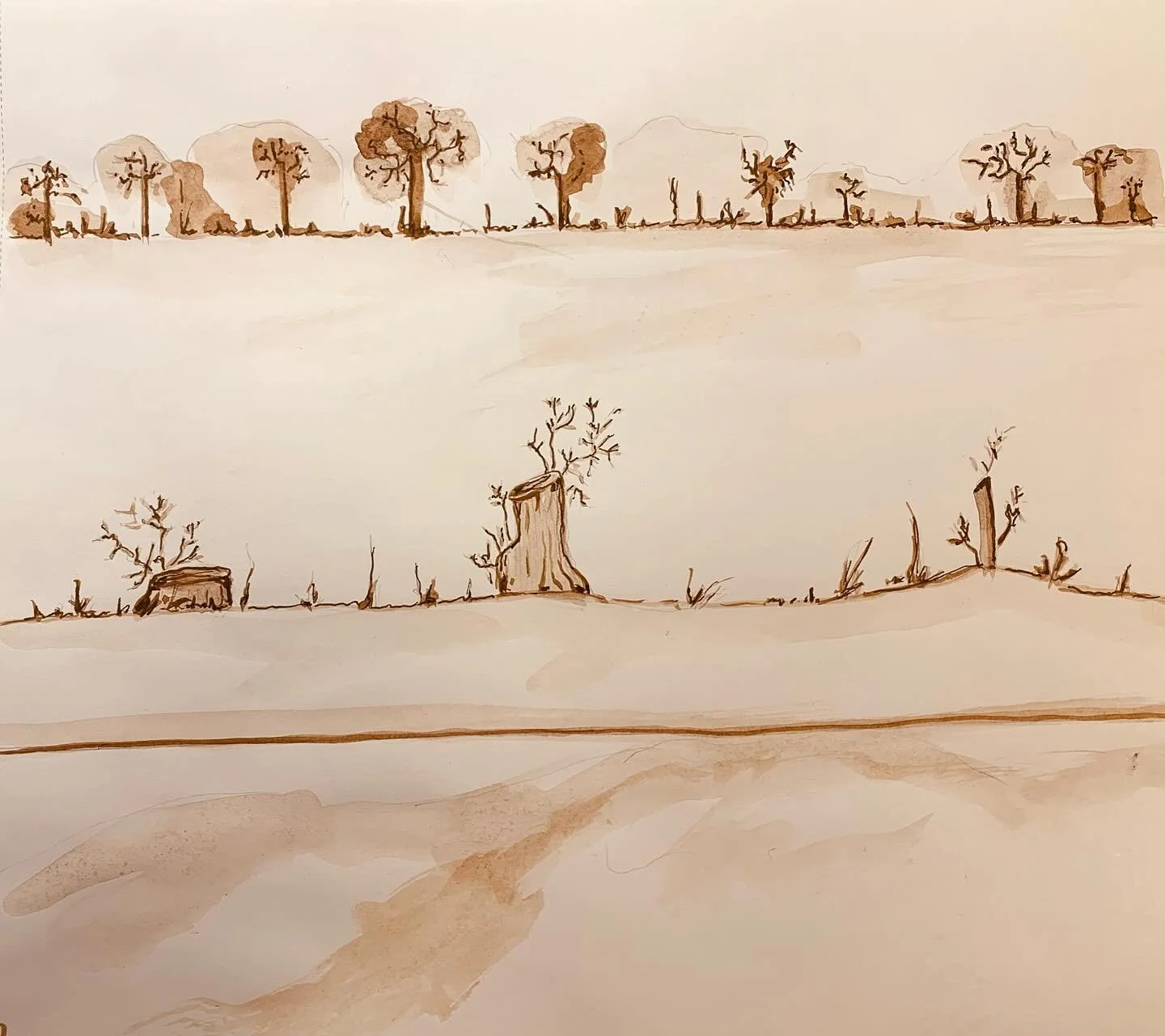 Railroad Tracks, watercolor, ink.
#snow #fields #railroadtracks #traditionalart #watercolor #trees #ink