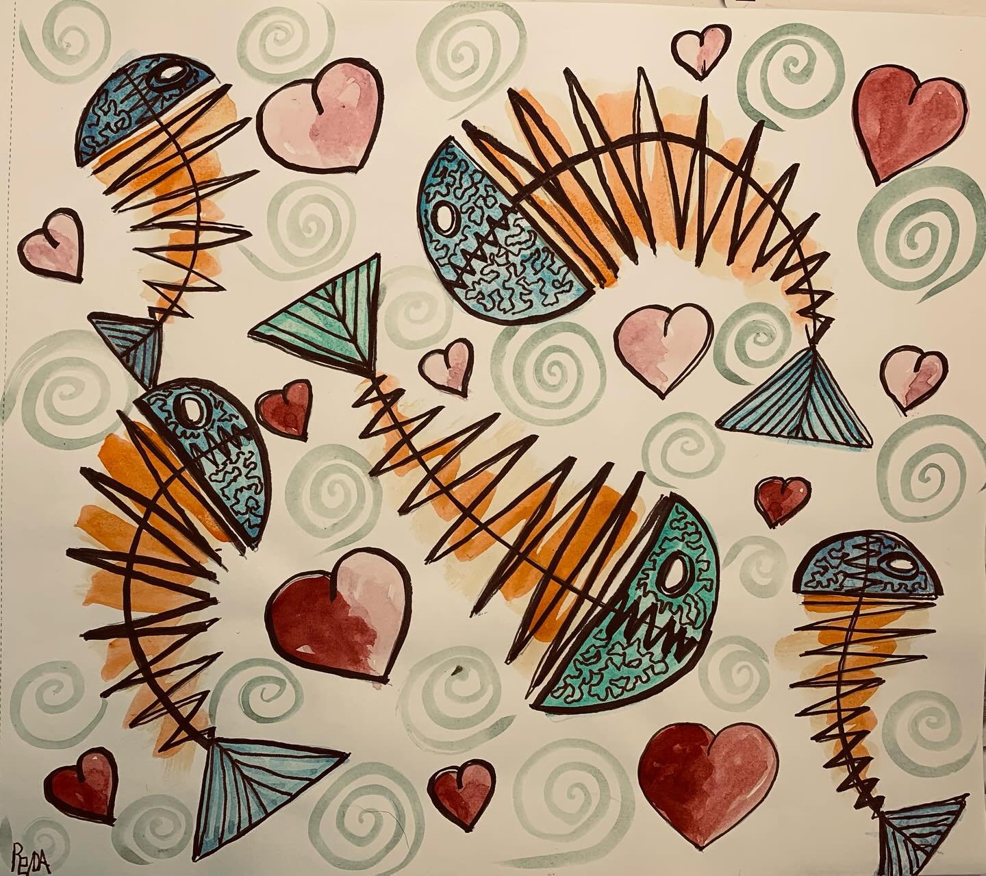 Zig Zag Fish,
#watercolor #ink #quicksketch #traditionalart #valentine #hearts #fish #fossils
