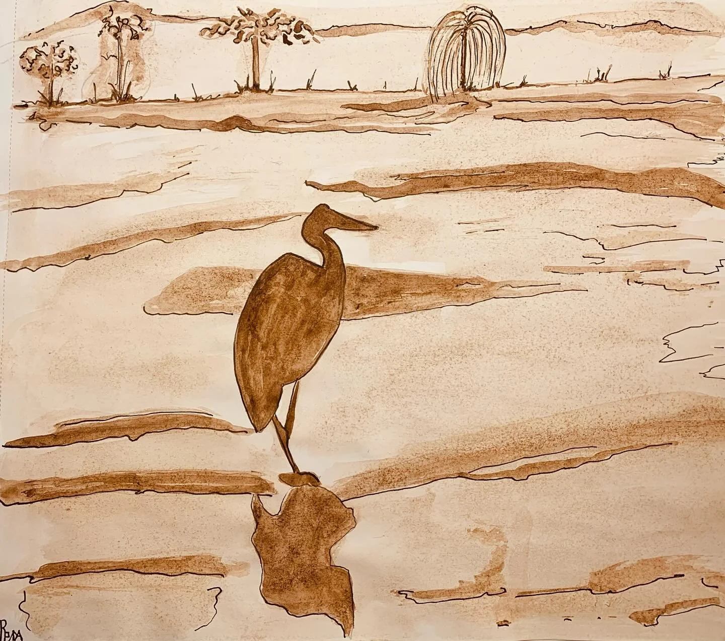 Crane On Frozen Waterways , watercolor, ink, quick sketch.
#crane #tidalwaters #traditionalart #ink #watercolor #waterway #winter #willow