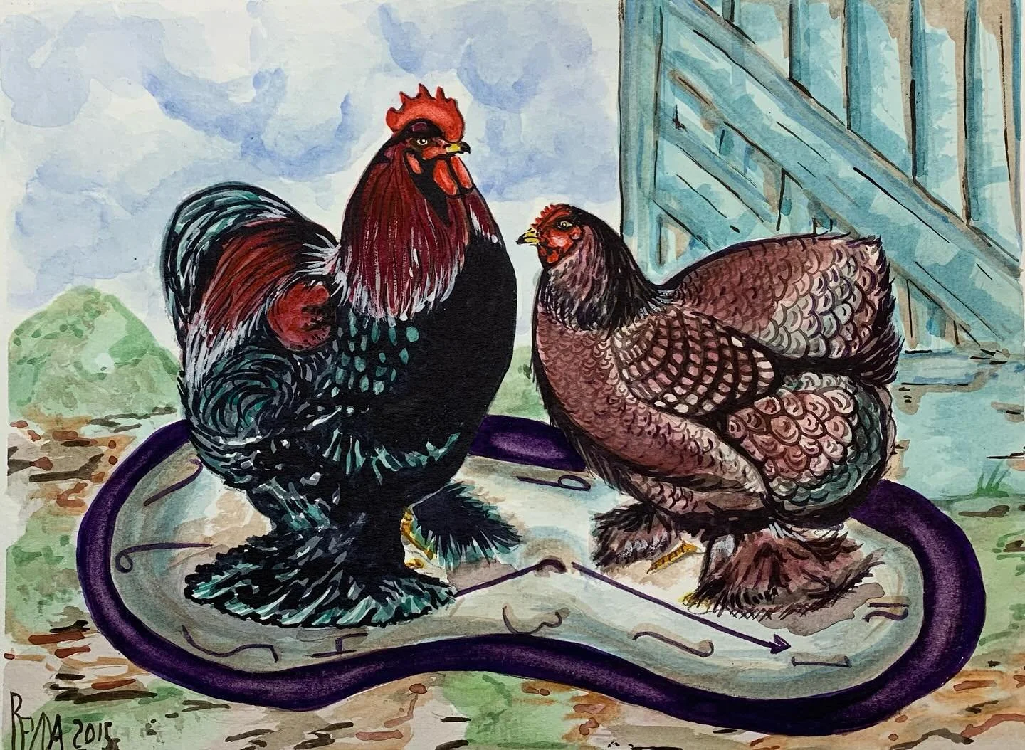 Chickens, watercolor.
#henhouse #daysaregettinglonger #eggproductionup #eggs #watercolor #traditionalart #nesting