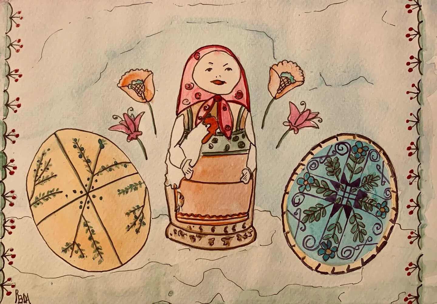 Happy Easter, watercolor.
#Spring #watercolor #folkart #traditionalart #Ukraine #EasternEurope #Easter #eggs