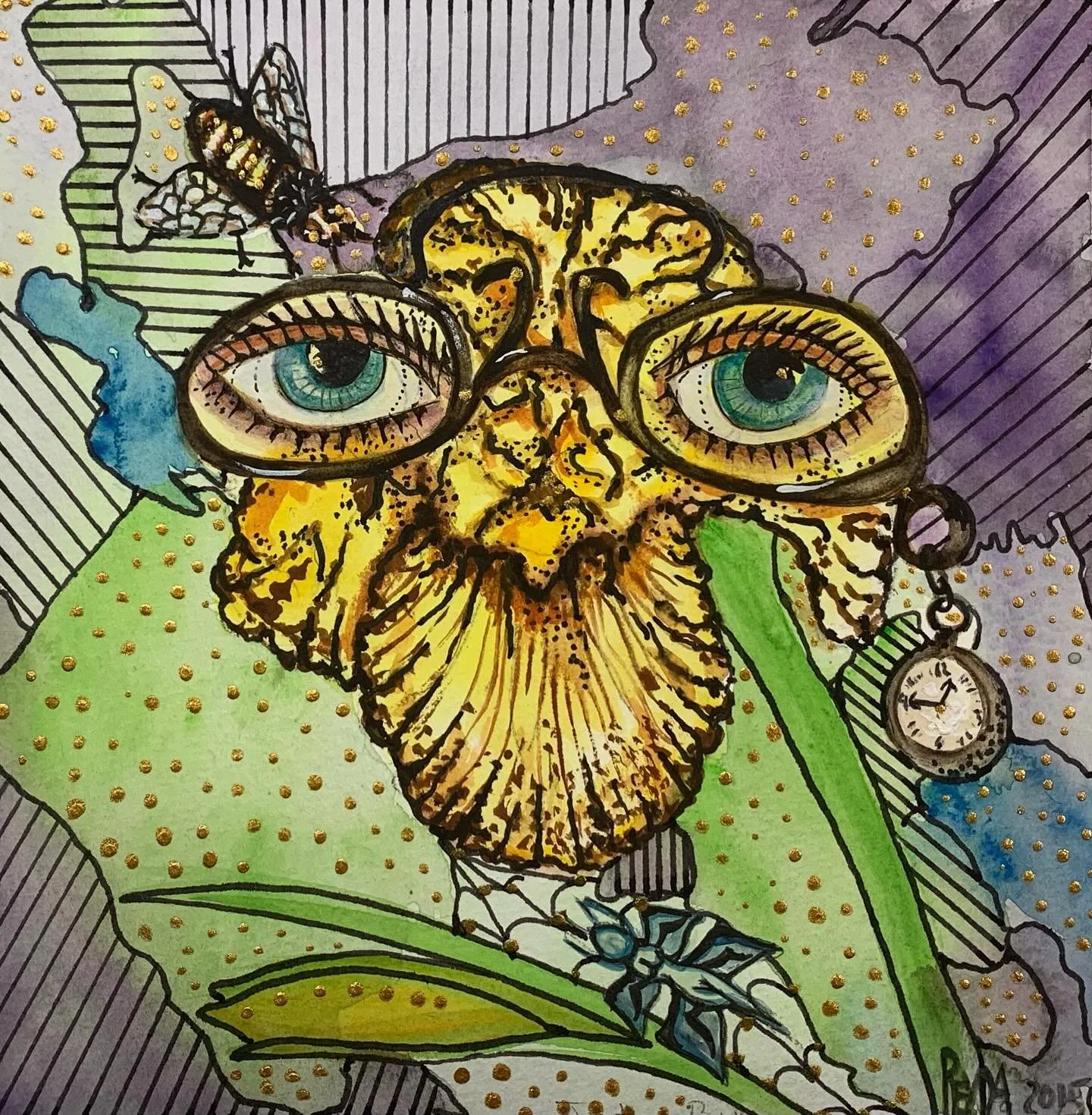 Iris Bloom
Watercolor,ink.
This little series came about after one of our children asked where the &ldquo;eyes&rdquo; were on the Iris flowers.
#iris #flowers #watercolor #traditionalart #glasses #eyes #gardenfairy #clock #time #bees #faces #ink