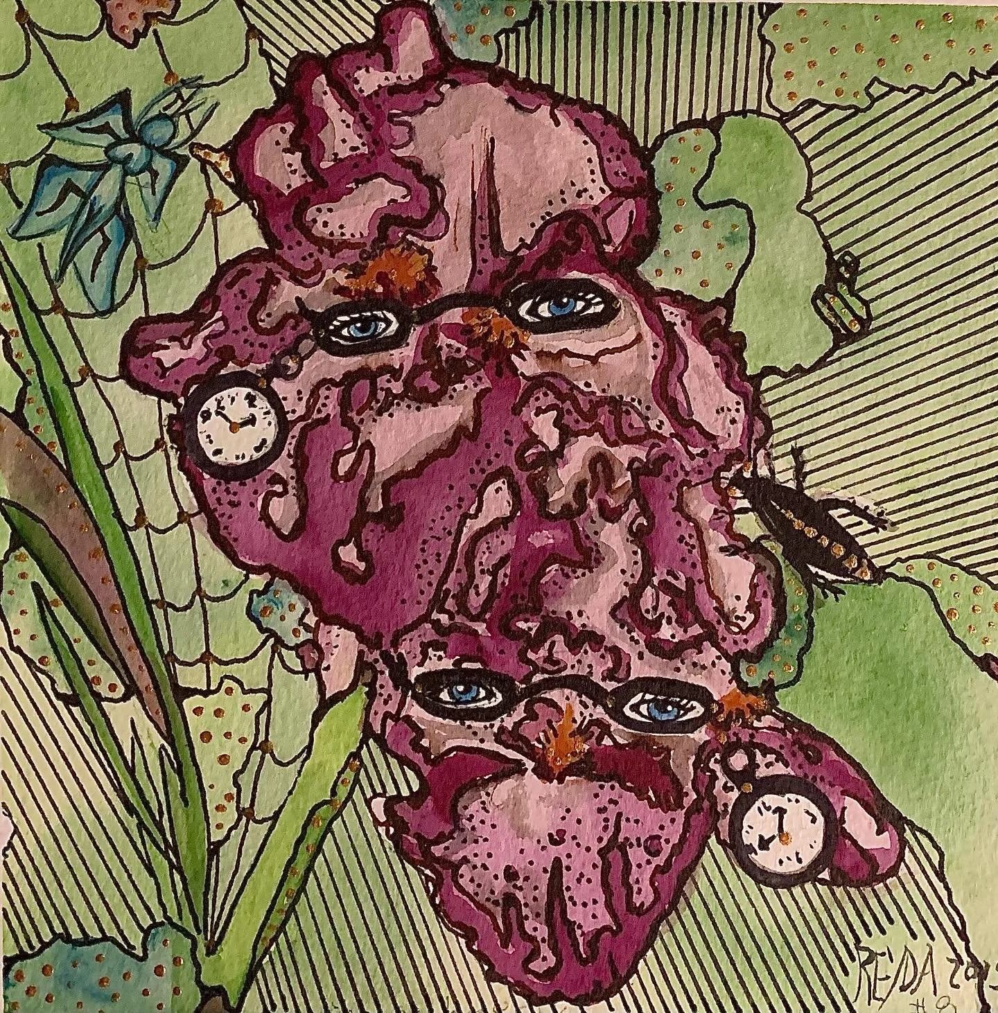 Bearded Iris, watercolor and ink; from the &lsquo;Eye-ris&rsquo; series.
#traditionslart #illustration #watercolor #ink #iris #flowers #eyes #time #gardenfairy #spiderweb #insect #time #clock