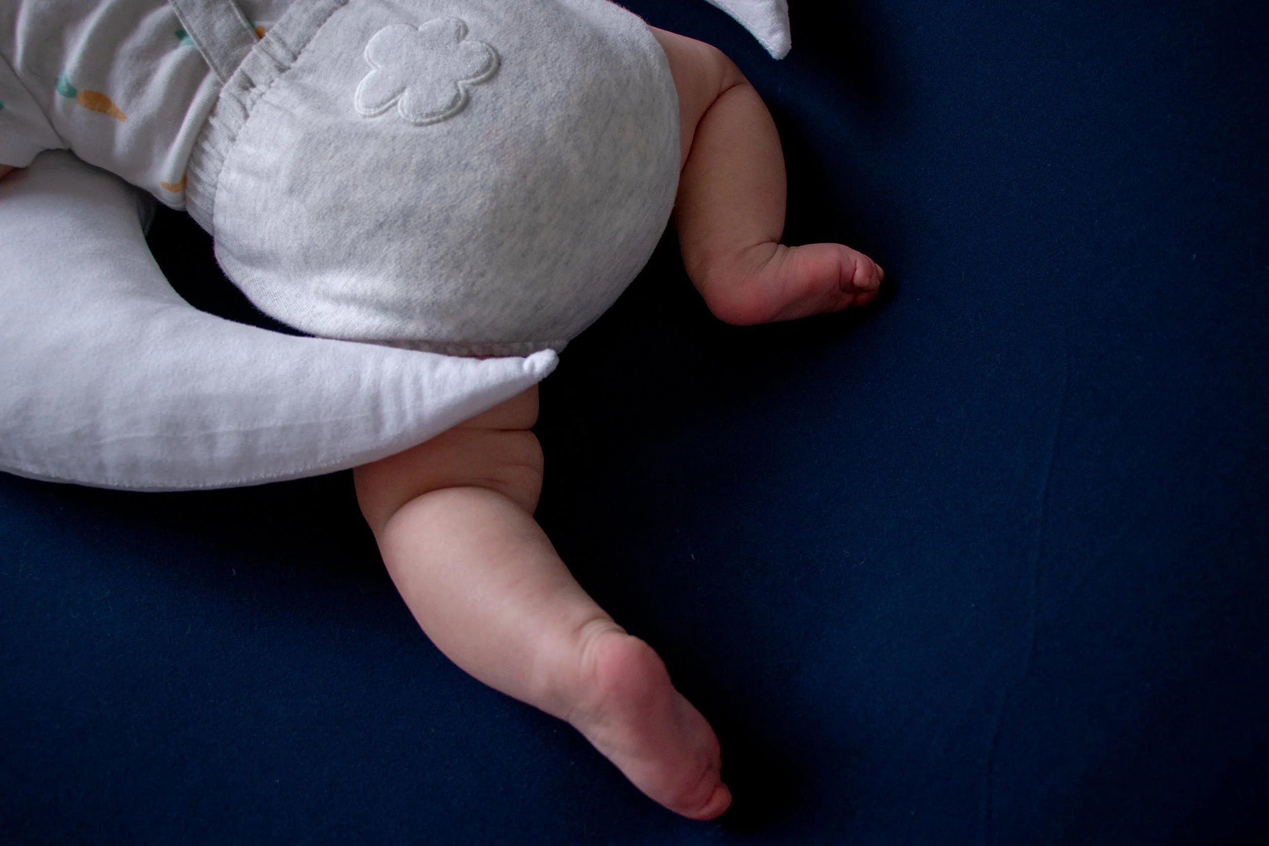 Close-up of a baby's lower body, showing chubby legs and feet, lying on a dark blue surface, wearing a light grey and white outfit with a flower on the back. (Tummy Session)
