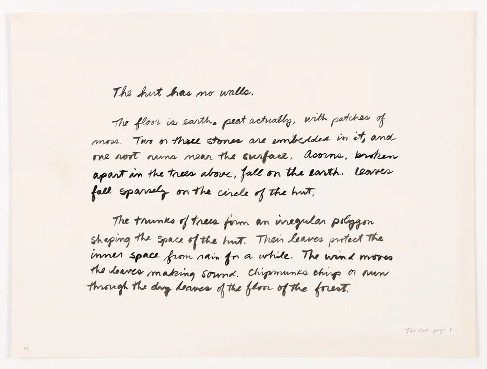  Marcia Hafif,  The Hut, page 1 , 1981-1983. Ink on paper, 1 of 3 pages, 18 x 24 in. Courtesy of the artist and Fergus McCaffrey, New York. Photography © Fredrik Nilsen. 