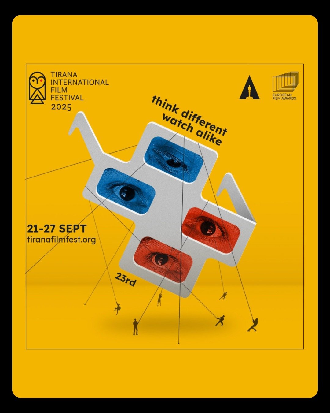 Affiche du Festival de cinéma international de Tirana 2025 avec un tapis jaune, des images d'yeux dans des cadres colorés, et des silhouettes de personnes suspendues autour.