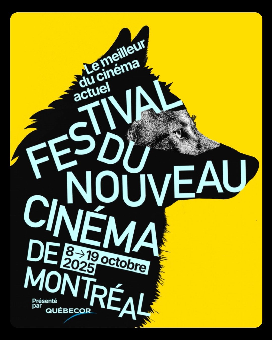 Affiche du Festival du Nouveau Cinéma de Montréal, avec un fond jaune et une silhouette de loup noire composée de textes en bleu clair. Le texte inclut les détails de l'événement, comme dates, lieu et organisateur.