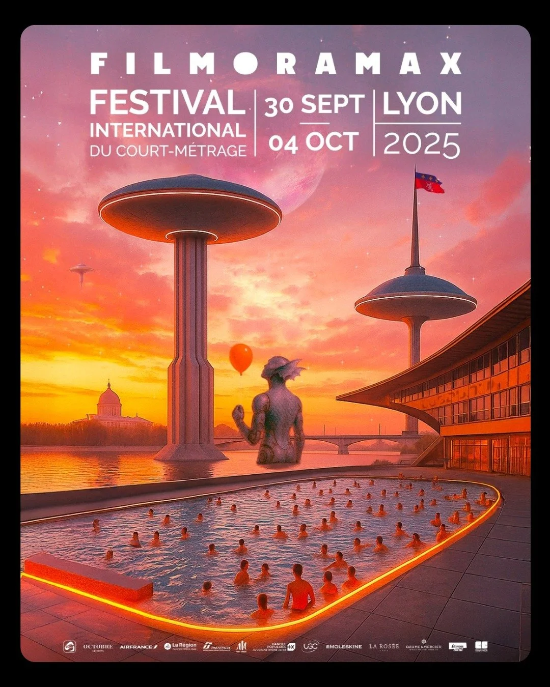 Affiche du Festival FilmoramaX à Lyon du 30 septembre au 4 octobre 2025, avec une scène futuriste comprenant une piscine avec des nageurs, des bâtiments futuristes, un ballon orange, et un coucher de soleil vibrant.