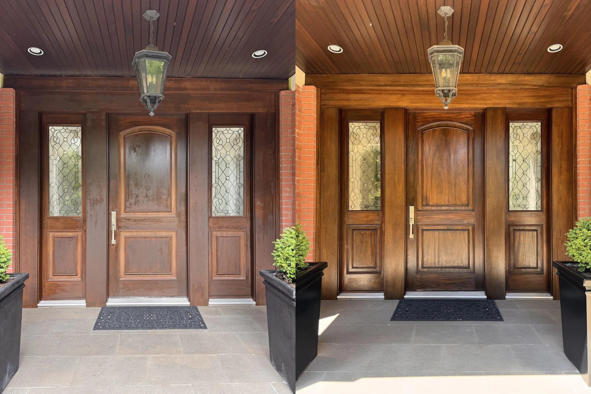 Front door before and after refinishing