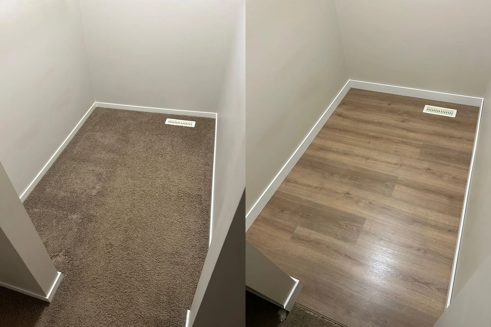 Before and after floor: carpet vs wood laminate