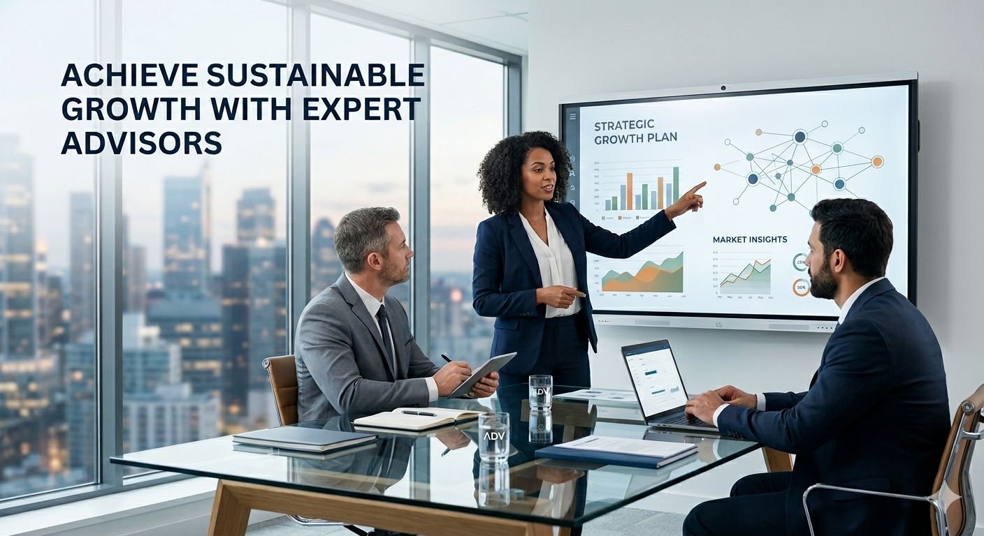 A businesswoman presents a strategic growth plan with charts and network diagrams on a large screen to a team of three professionals in a modern conference room with city skyline visible through floor-to-ceiling windows.