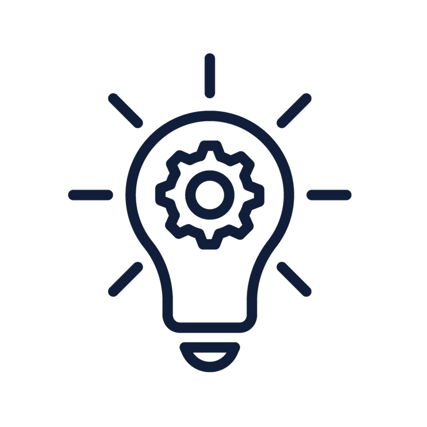 Outline of a light bulb with a gear inside, surrounded by lines indicating illumination or ideas.