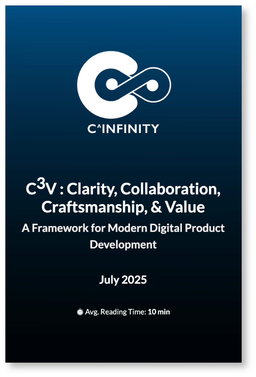 Cover page of a digital product development framework titled "C³V: Clarity, Collaboration, Craftsmanship, & Value" by C-Infinity, published in July 2025, with an estimated reading time of 10 minutes.