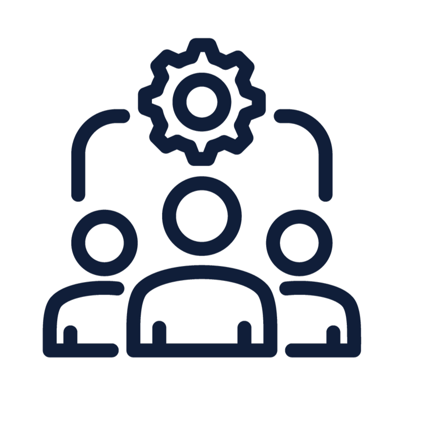 Icon of three people with a gear above them, representing teamwork or collaboration.
