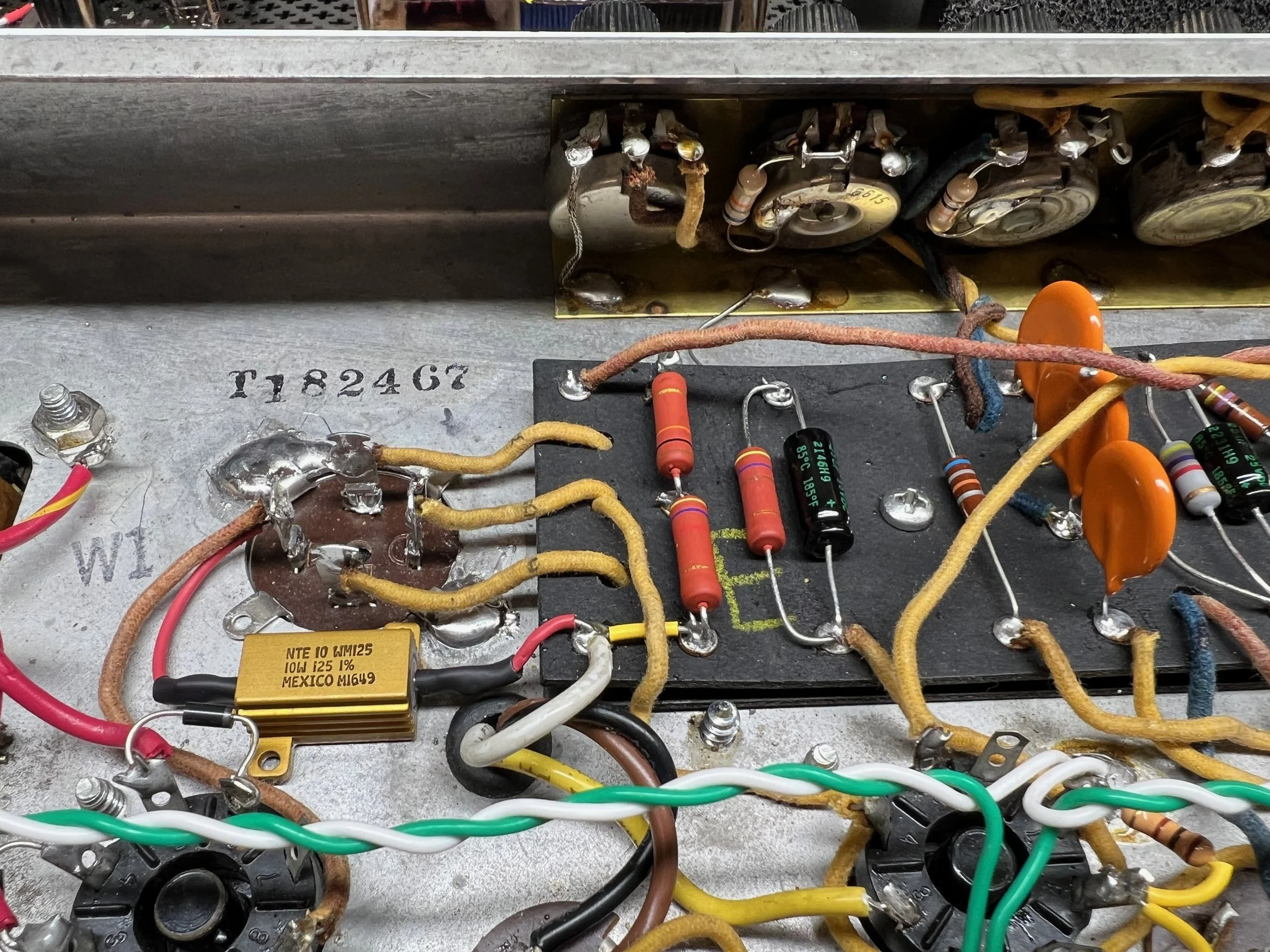 '67 Fender Vibrochamp restore: cap can, heater wiring,  CRC input filter between rectifier and OT center tap to reduce hum induced by single-ended power section