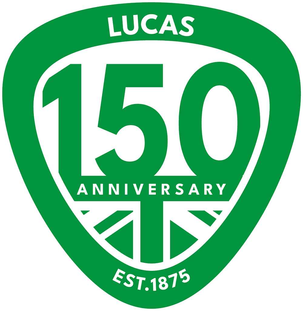 Green emblem-shaped badge celebrating the 150th anniversary of Lucas, established in 1875.
