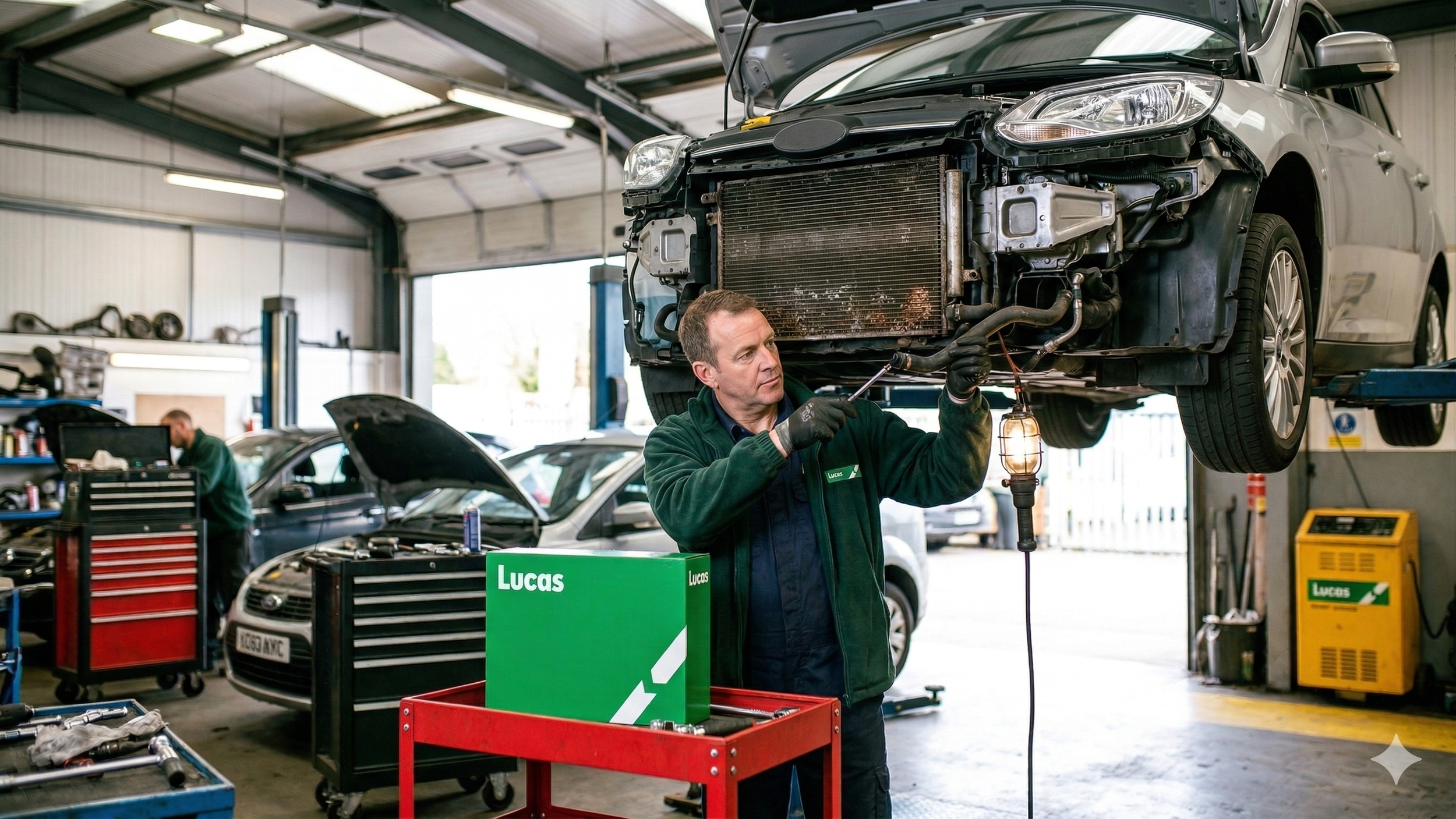 Auto mechanic in green jacket working on the underside of a car lifted in a garage, with tools and another person working on a car in the background.