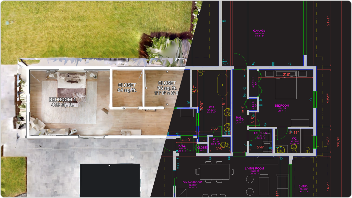 The image shows a split view of a house's interior floor plan with a 3D view on the left and a detailed 2D blueprint on the right. The interior includes a bedroom, closets, hallways, and outdoor grassy area.