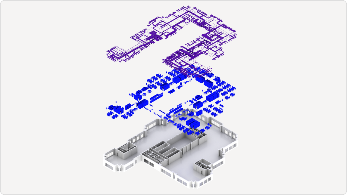 3D exploded view of a building floor plan showing architectural components and different colored structural elements.