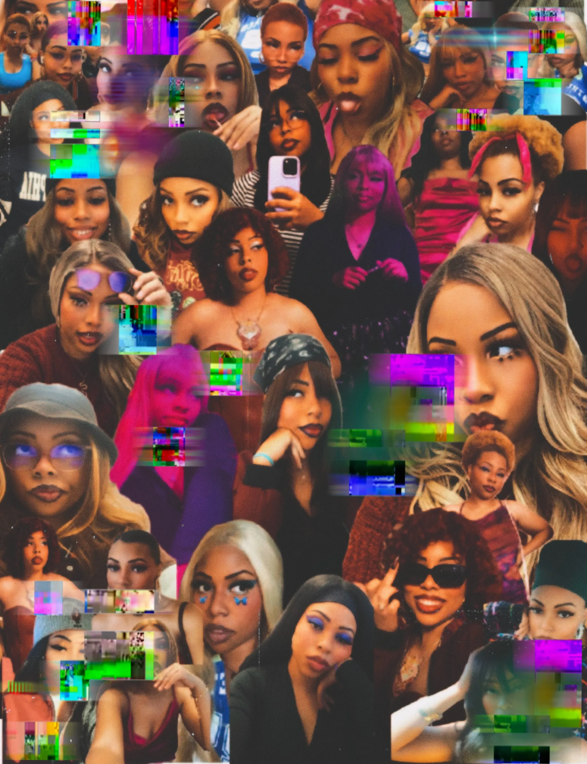 A digitally manipulated collage of young women posing and making expressions, with visible digital glitches and colorful distortion effects.