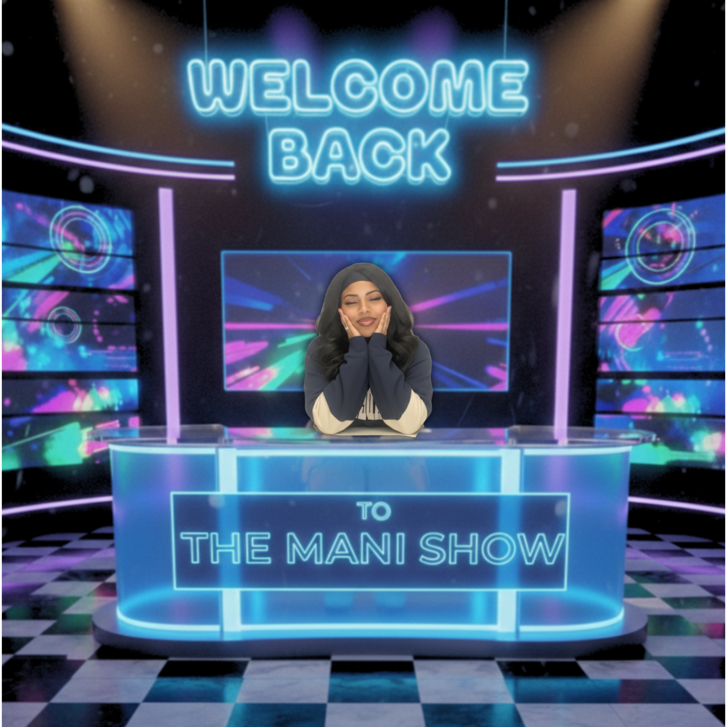A woman posing with her hands on her cheeks behind a futuristic news desk with neon lights. A large sign above reads 'Welcome Back.' The background features colorful digital screens and a checkered floor.