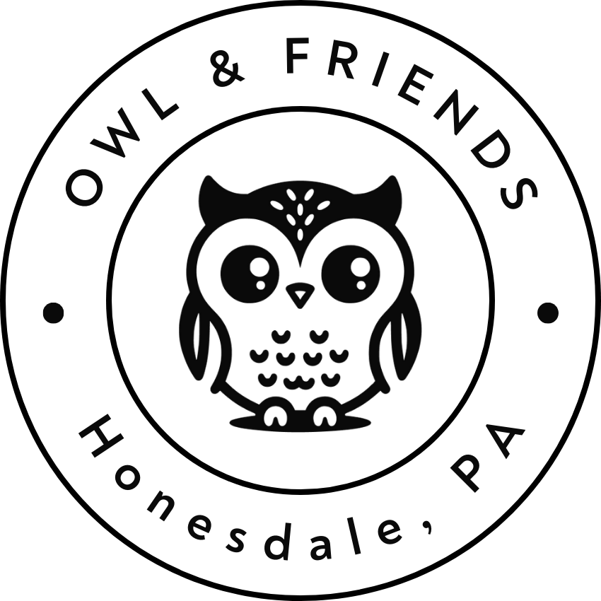 A logo featuring a stylized owl with large eyes, surrounded by the text 'Owl & Friends' at the top and 'Honesdale, PA' at the bottom.