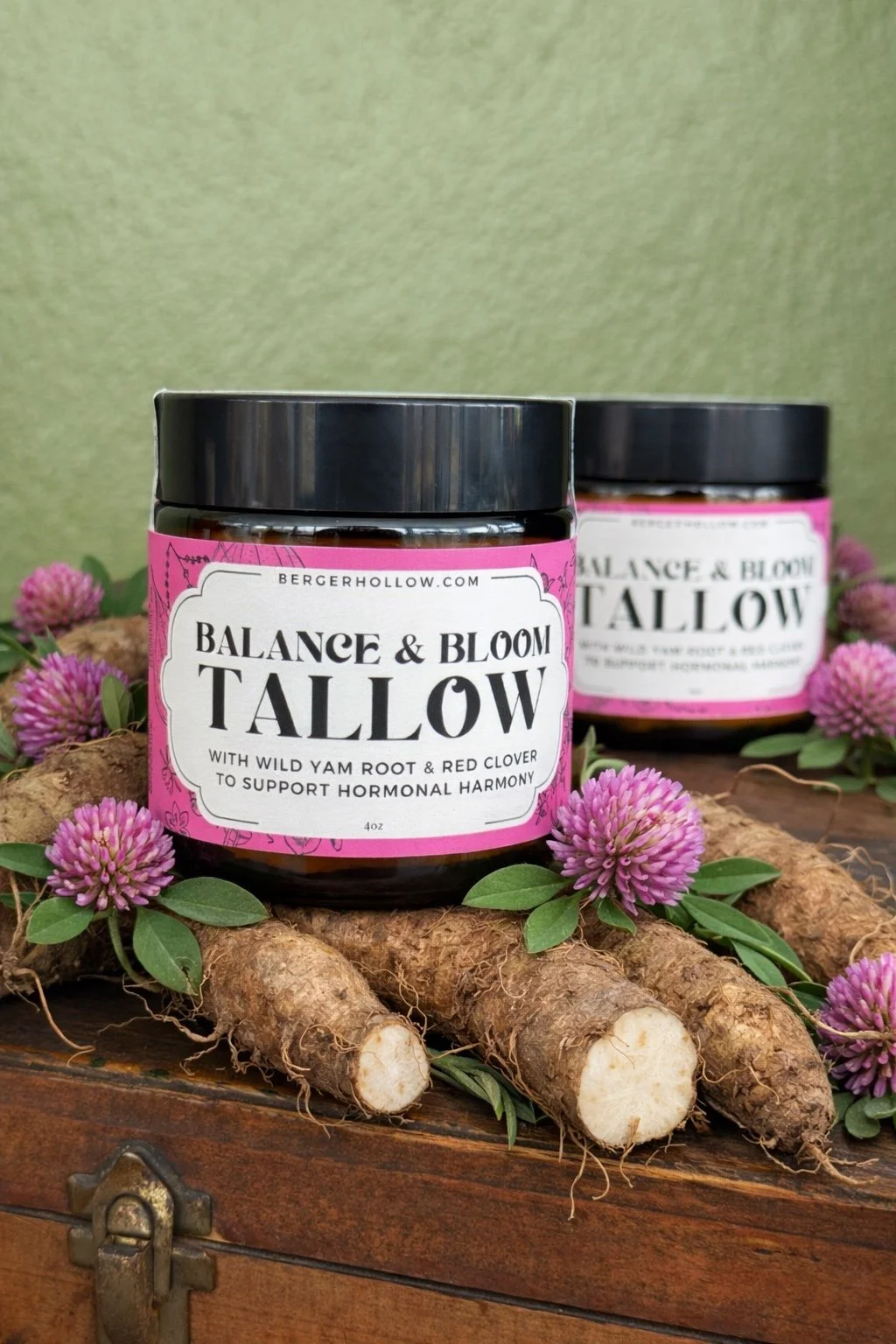 Grass fed grass finished whipped tallow moisturizer infused with homegrown herbs like red clover and wild yam root with essential oils like rose absolute, clary sage, geranium and sandalwood to support hormonal balance