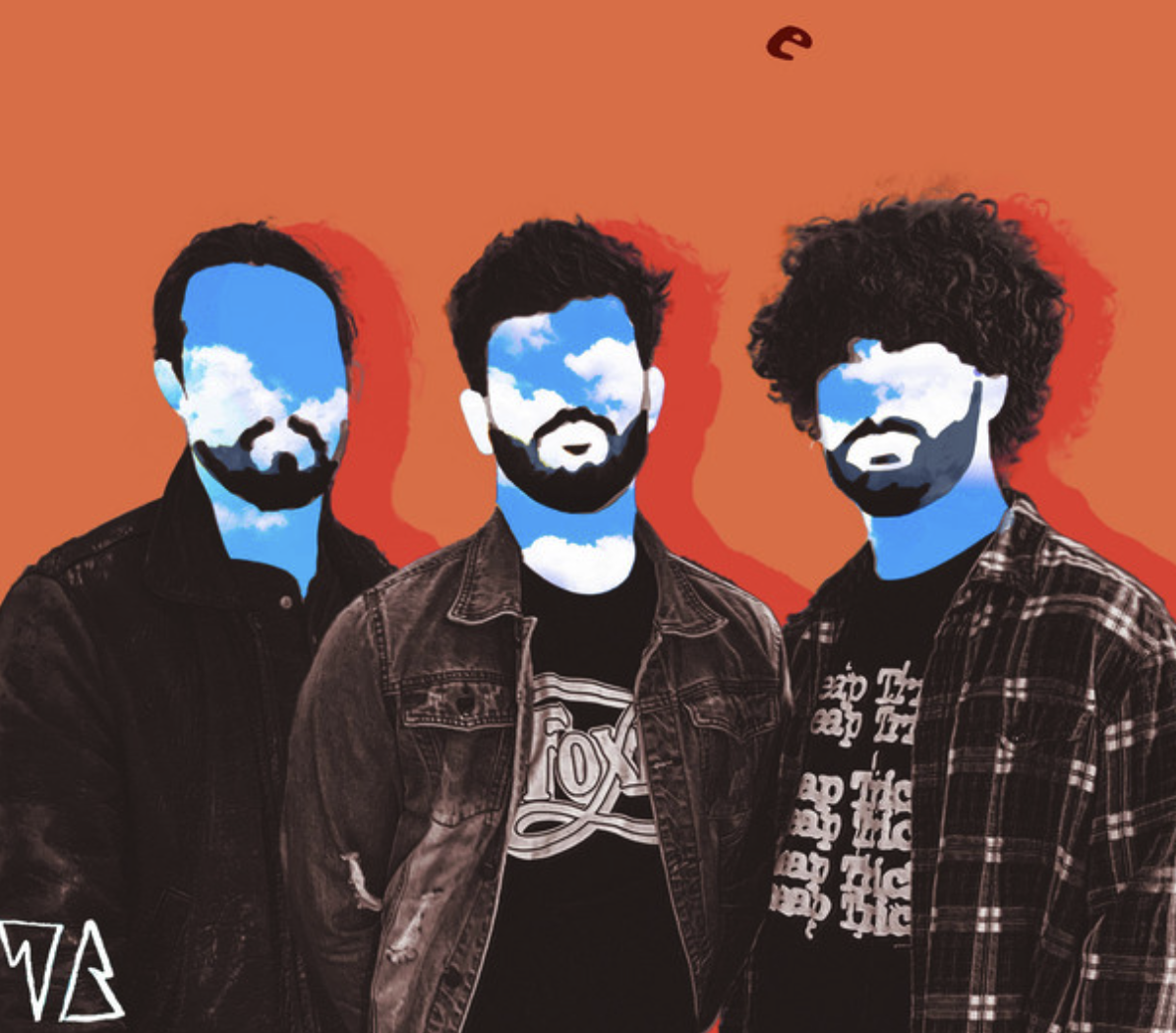 Three men with cloud and sky face art on their faces, standing against an orange background, wearing casual jackets and a T-shirt.