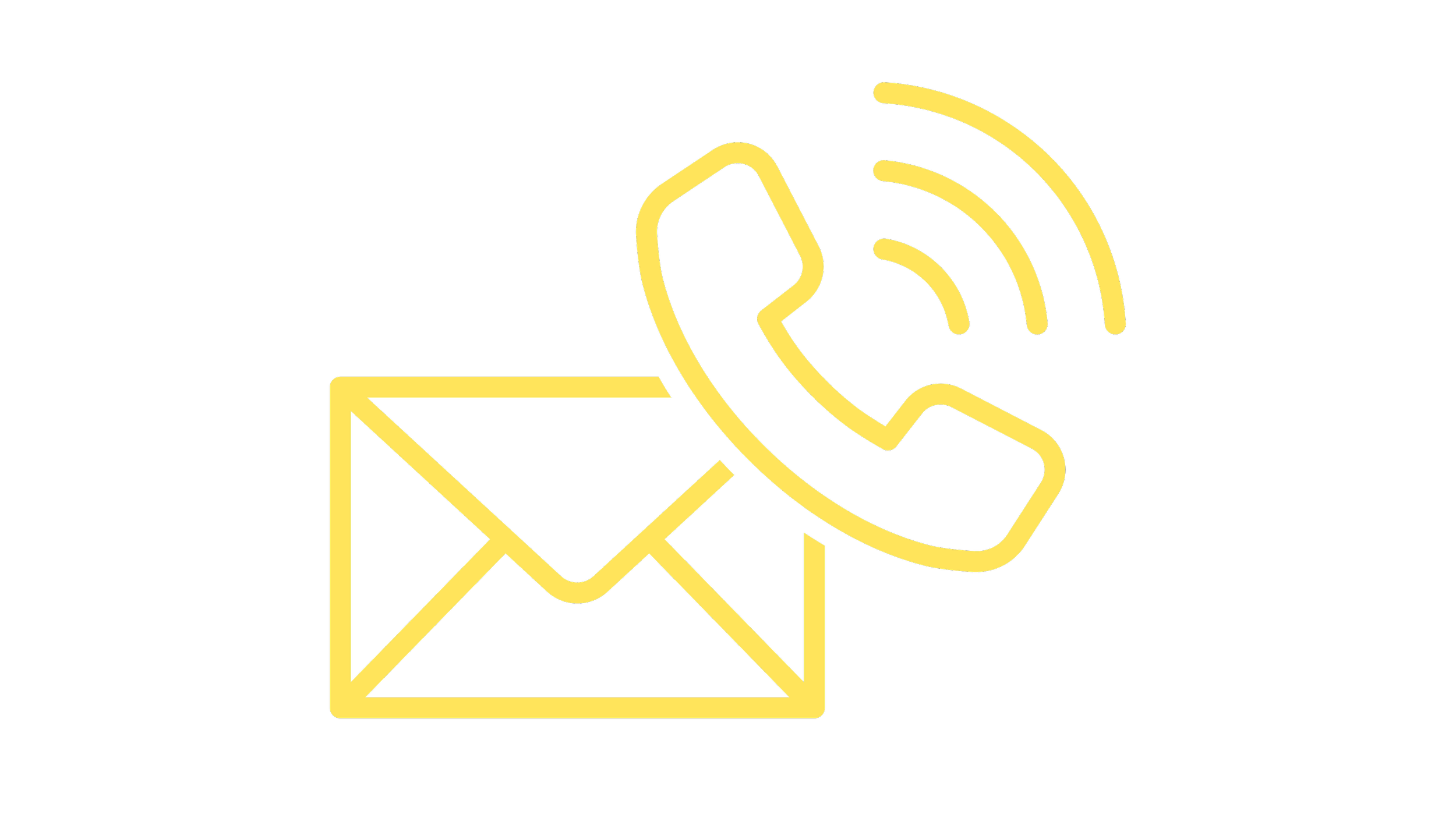 Outline of an email envelope and a phone receiver with signal lines, all in yellow on a black background.