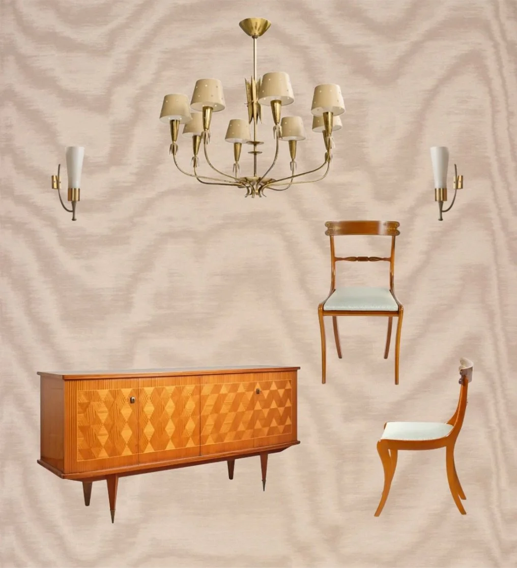 the Dining Room at our Dallas project is taking shape - @dedarmilano moire wrapped walls with Italian + German antiques, and a custom table in the works with @studiomirandamartin ❣️