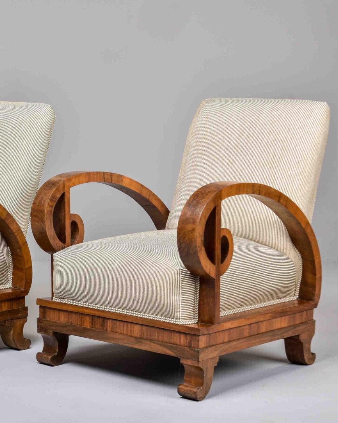 incoming: pair of French 1930s art deco scroll arm lounge chairs for a formal living room giving relaxed glamour 🌀💙