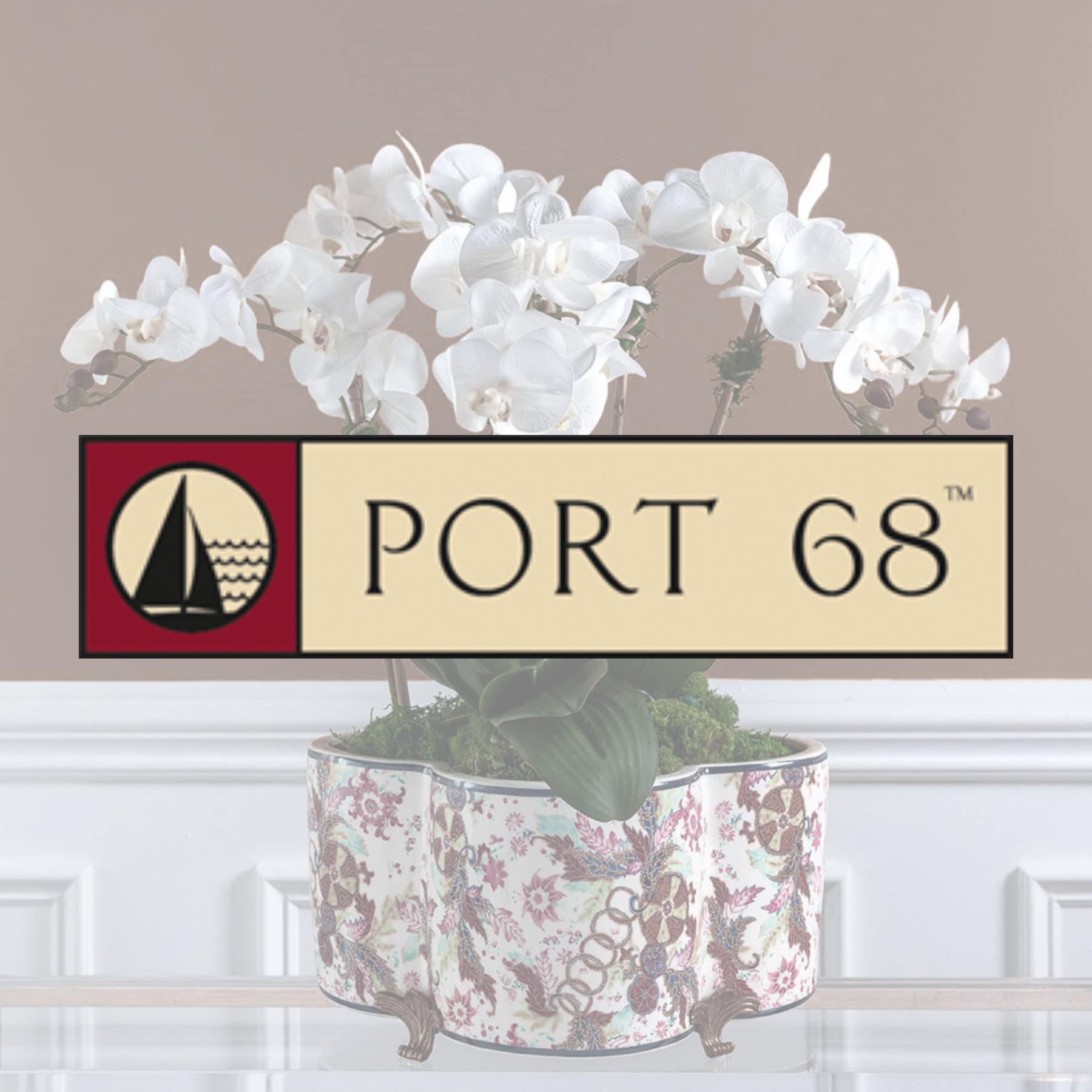 Floral ceramic jars with a gold finial displayed in front of a Port 68 logo.