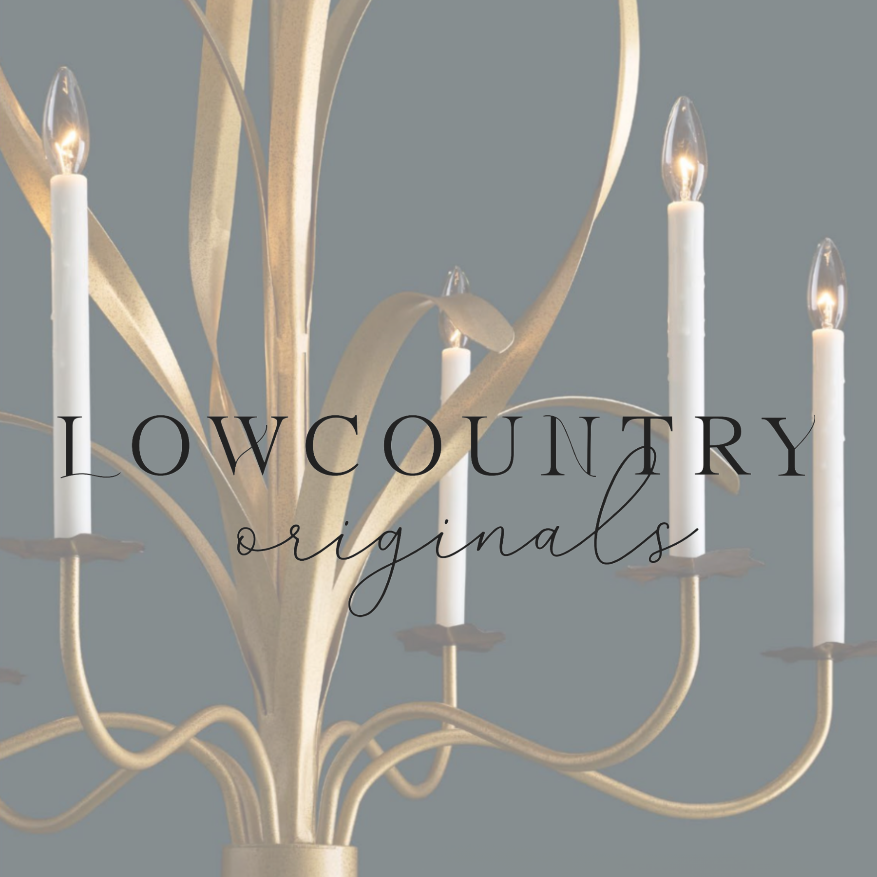 Lowcountry Originals logo with a chandelier in the background.