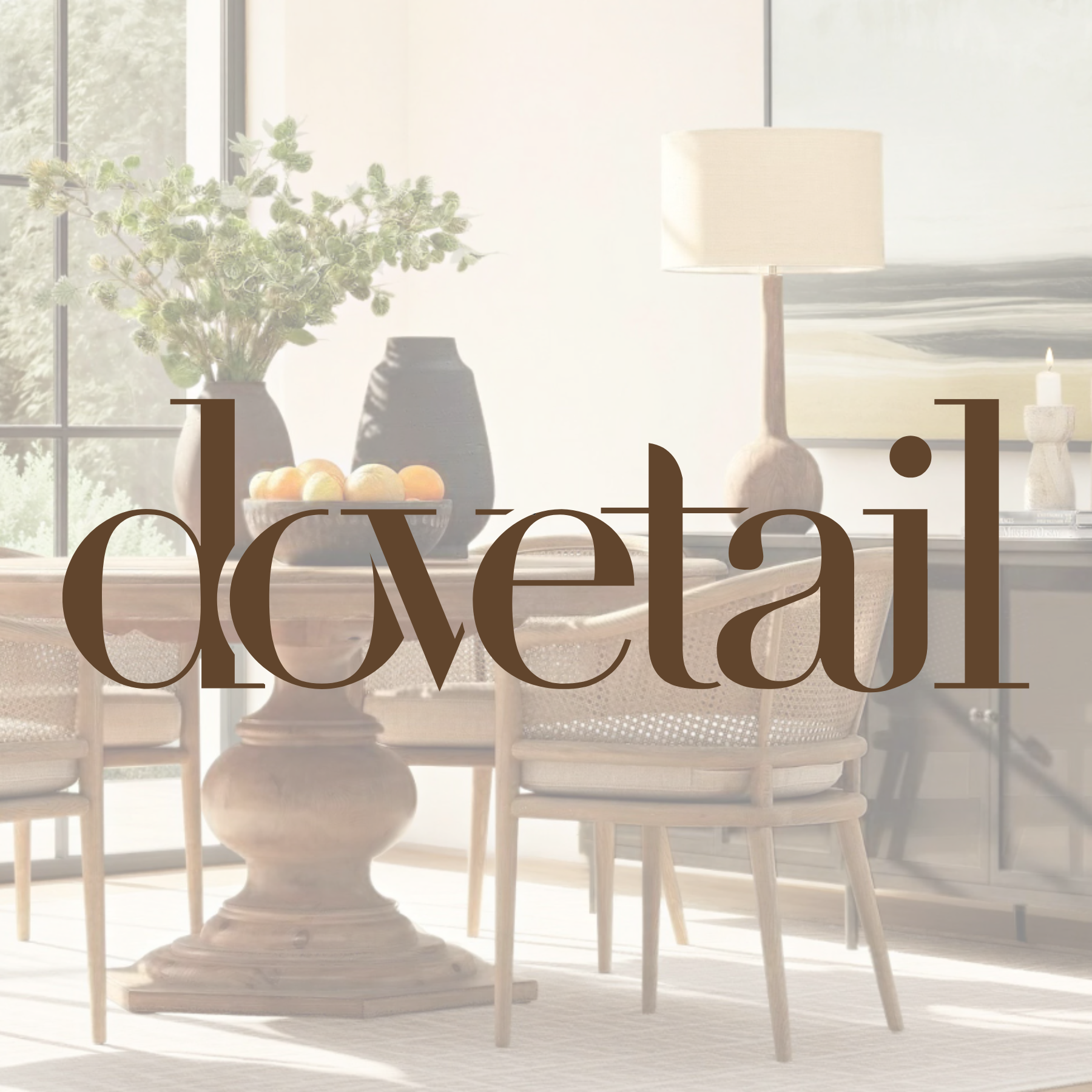 Home interior with textured sofa, decorative pillows, clay vases, and 'dovetail' logo overlay.