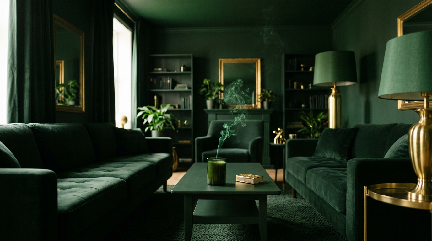A cozy living room with dark green walls, matching velvet sofas, and gold accents. A table in the center has a steaming green candle and a book. There are large windows with dark curtains and potted plants on shelves.